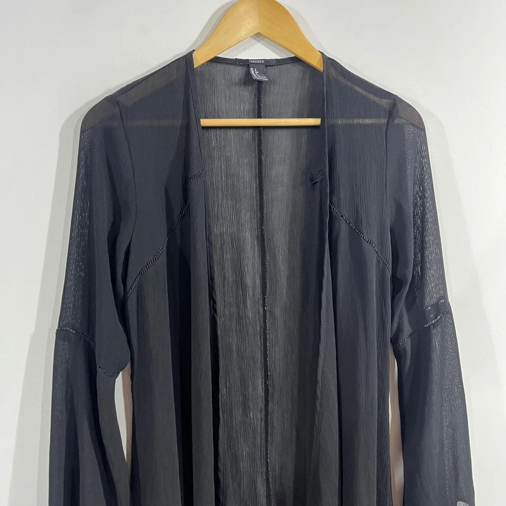 Forever 21 Y2K Black Sheer Bell Sleeve Open Front Longline Kimono Small Witchy